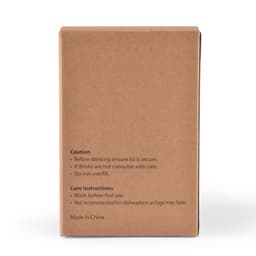 A brown cardboard box featuring care instructions and caution details for a reusable coffee cup.