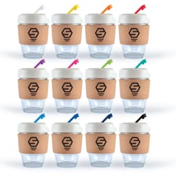 A collection of reusable coffee cups with cork bands and colorful straws in various colors arranged in a grid pattern.
