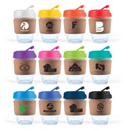 A reusable coffee cup with a cork band, available in various colors including blue, green, orange, and yellow, featuring logos.