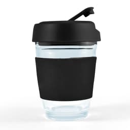A reusable coffee cup with a transparent body and a black flip lid. The cup features a black silicone sleeve for grip.