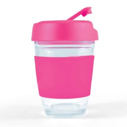 A reusable coffee cup with a clear body and a bright pink silicone sleeve and flip lid.