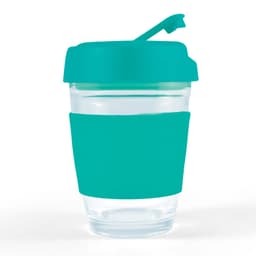 A reusable coffee cup featuring a clear body and a vibrant teal flip lid with a silicone grip band.