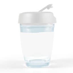 A reusable coffee cup in clear glass with a white flip lid and blank white band. Features a logo.