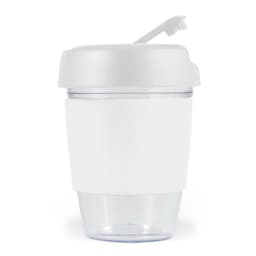 A drink bottle featuring a clear lower section and a white silicone band, topped with a matching white lid.