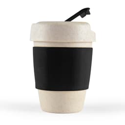 A reusable coffee cup in a speckled beige color with a black silicone band and a black lid. It features a logo.