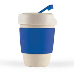 A reusable coffee cup with a light beige body, blue silicone band, and a blue lid. It features a logo.