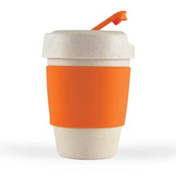 A reusable coffee cup in white and beige with an orange silicone band and lid, featuring a logo.
