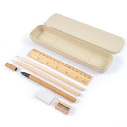 A stationery set featuring a beige case, pencils, a ruler, an eraser, a sharpener, and a pen.