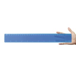 A transparent blue 30cm ruler held in a hand, featuring clear measurement markings along its length.