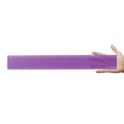 A transparent purple 30cm ruler held in a hand, featuring clear measurement markings.