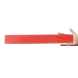 A red transparent 30cm ruler is being held in a hand. The ruler features clear measurement markings along its length.
