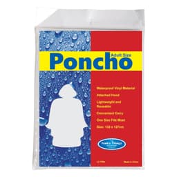 A waterproof poncho in adult size, made of vinyl, featuring an attached hood and convenient carry. Colorful packaging includes branding.