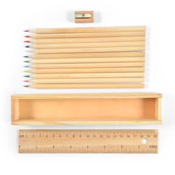 A wooden box containing a set of colored pencils in various colors, with a sharpener and a wooden ruler.