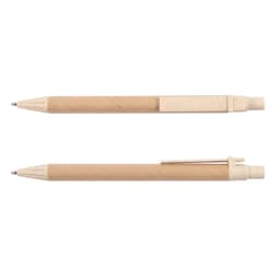 A brown eco-friendly pen with a textured surface and contrasting cream-colored details. It has a logo on one side.