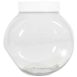 A plastic container with a white lid, featuring a round, transparent design.