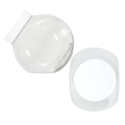 A clear plastic container with a round base and a fitted lid, featuring a smooth surface and glossy finish.
