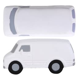 A white transit van stress reliever featuring black wheels and detailed windows. It has a simple design and a logo.