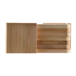 A set of six bamboo coasters in various shades of natural wood, neatly stacked with a visible logo on one coaster.