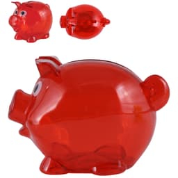 A red pig-shaped coin bank with a transparent design and cartoonish eyes. Features a removable top for inserting coins.