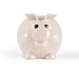 A cute, small pig-shaped eco-friendly coin bank with a smiling face and a rounded body, designed for saving money.