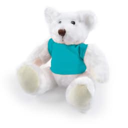 A plush teddy bear with white fur and a teal shirt, sitting upright with large, soft paws.