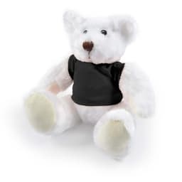 A plush teddy bear named Frosty, featuring a white fur coat and a black shirt.
