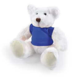 A plush teddy bear with white fur and a blue shirt, featuring a cute expression and soft paws.