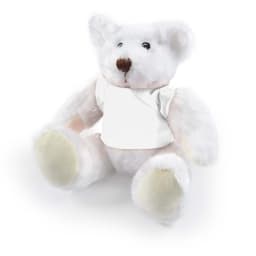 A white plush teddy bear with a soft texture and a blank shirt. It has delicate features and a cute design.