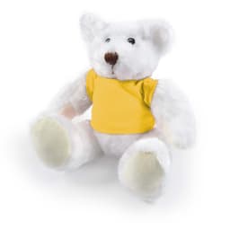 A Frosty Plush Teddy Bear featuring a soft white exterior and wearing a yellow shirt, designed as a fun and cuddly toy.