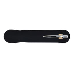 A bamboo pen is displayed on a black velvet base. The pen features a sleek design with a metallic tip and clip.