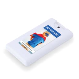 A white hand sanitiser bottle with a superhero graphic on the front, featuring a logo and vibrant colors.