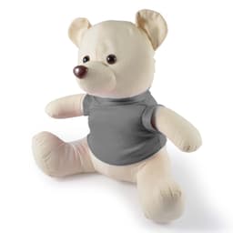 A plush bear with a soft beige exterior and a gray shirt, designed for fun and games.