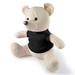 A plush calico bear with a cream-colored body and black shirt.