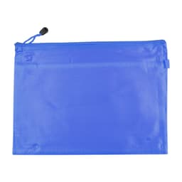 A blue PVC pouch with a drawstring closure and a mesh texture, featuring a branding logo.