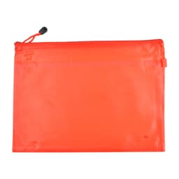An orange PVC pouch with a zip closure and a drawstring, featuring a textured surface and a branding logo.