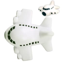 A white airplane-shaped stress reliever with a smooth texture and subtle details, featuring a small plane above.