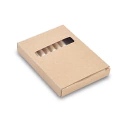 A pencil set in a kraft paper box featuring a cut-out window to display the colored pencils inside.