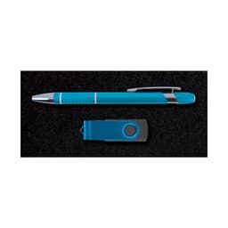 A turquoise pen and a matching USB flash drive, presented in a black gift box with a logo.