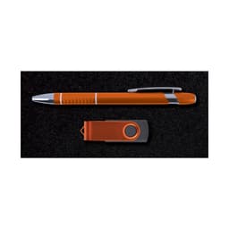 A pen and a USB flash drive are arranged on a dark background, showcasing the Alliance Gift Set.