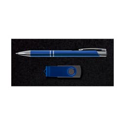 A blue pen and a blue USB drive are placed in a black gift box. The set features a sleek design.