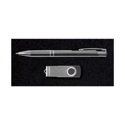 A silver pen and a metallic USB drive presented on a black background, part of the Bellman Gift Set.