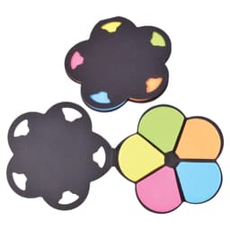 A set of flower-shaped sticky notes in black, with colorful note sections in pink, yellow, green, and blue.