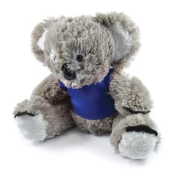 A plush toy koala with a soft, fuzzy texture, wearing a blue shirt.