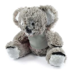 A plush koala toy in gray with a soft body and black accents, featuring a logo on its shirt.