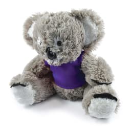 A plush koala toy with gray fur and a purple shirt, featuring black paws and a cute expression.