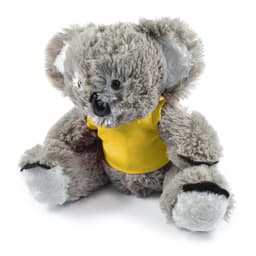 A plush koala toy with gray fur and a yellow shirt, featuring black accents and a friendly expression.