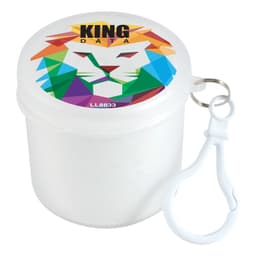 A white container with a colorful lion design on the lid and a clip for attachment. It also features a logo.