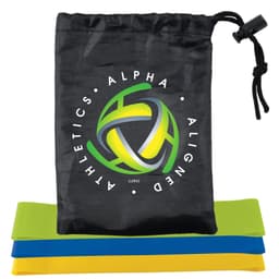 A drawstring pouch with a logo, containing three resistance bands in green, yellow, and blue.