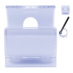 A transparent phone holder in a clear design with a side attachment and an adjustable clip.