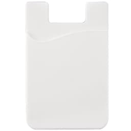 A white phone wallet with a textured finish and a curved pocket design, featuring a small logo.